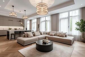 Beautiful spacious living room with beige couch and stylish pendants. photo