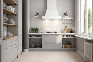 Cozy kitchen with cooking area, drawer, and mockup frame. photo