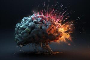 Concept art of exploding human brain with knowledge and creativity. photo