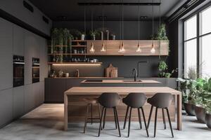 Gray and wooden kitchen. photo