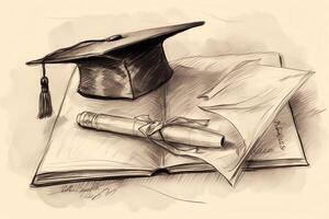 Graduation cap and diploma sketch illustration. photo