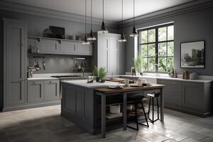 Grey kitchen with bar island and cooking area, frame. photo