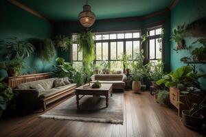verde amurallado vivo habitación con madera dura piso y en conserva plantas. ai generado foto
