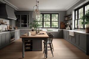 Grey kitchen with dining and bar island, window, frame. photo