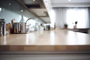 Top view of empty kitchen counter with blurred background. photo