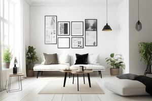 White living room with seating and poster. photo