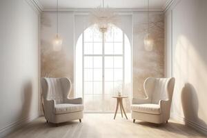 Light relax room with armchairs and mockup wall, panoramic window. photo