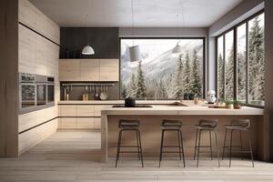Modern kitchen with panoramic window and mockup frames. photo