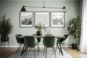 moderno vivo habitación con comiendo mesa, decoración, marco. ai generado foto