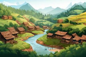 Natural village scene with greenery, rivers, and rural Indian houses. photo