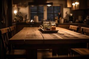 Rustic kitchen table with out of focus lights. photo