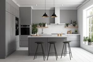 Grey kitchen interior with bar island and mockup frame. photo