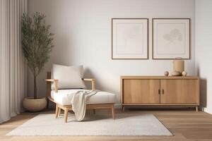 Relaxing room with seat, sideboard, and mockup frame. photo