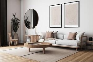 Modern living room with art decoration and mockup frame. photo