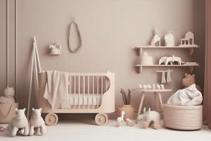 Adorable baby nursery mockup with toys and stroller. photo