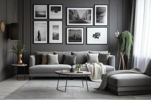 gris vivo habitación con sofá y carteles ai generado foto