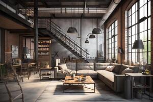 Industrial-style living loft in 3D. photo