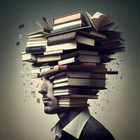 a man with stack of books sticking out of his head. created with AI tools photo