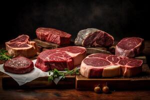 Juicy medium Beef Rib Eye steak slices in pan on wooden board with fork, knife herbs. . photo