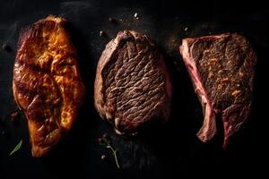 Juicy medium Beef Rib Eye steak slices in pan on wooden board with fork, knife herbs. . photo