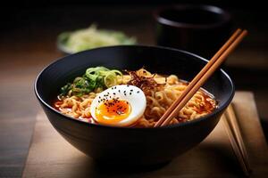 Top view ramen. Traditional Korean ramen soup with kimchi. Korean cuisine. Asian food. Traditional korean cuisine set. photo