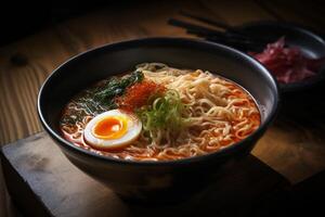 Top view ramen. Traditional Korean ramen soup with kimchi. Korean cuisine. Asian food. Traditional korean cuisine set. photo