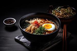 Top view ramen. Traditional Korean ramen soup with kimchi. Korean cuisine. Asian food. Traditional korean cuisine set. photo