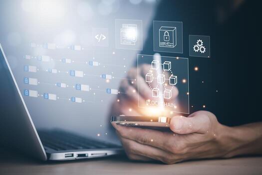 negocio personas trabajando laptops con blockchain financiero tecnología red concepto, digital dinero a bitcoin para en línea pagos y dinero actas, fintech concepto con bloquear criptografía, foto