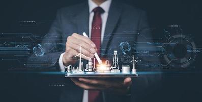 Businessman hand touch global network connection with virtual modern reduce CO2 emission concept with icons, global warming emissions carbon footprint climate change to limit global warming, energy photo