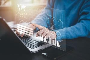 Working Data Analytics and Data Management Systems and Metrics connected to corporate strategy database for Finance, Intelligence,  Business Analytics with Key Performance Indicators, social network photo