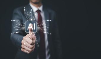 Artificial Intelligence AI, on the big data network, Big data and Financial banking, Businessman working and touch digital coding programming, technology icons, and binary code, big data, Ai bot photo