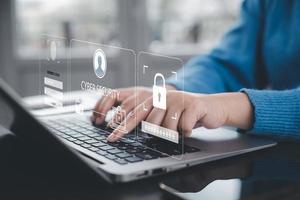 Cyber security and Security password login online concept  Hands typing and entering username and password of social media, log in with smartphone to an online bank account, data protection hacker photo