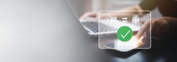 Online payment with digital marketing, Smartphone with banking online bill payment Approved concept button, credit card and network connection icon on business technology virtual screen background photo