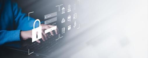 Cyber security and Security password login online concept  Hands typing and entering username and password of social media, logging in with smartphone to an online bank account, data protection hacker photo