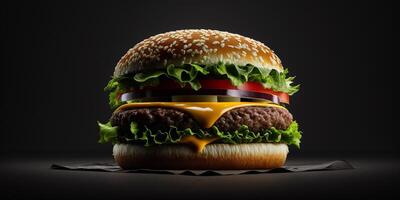 The delicious burger in the black background with AI generated. photo