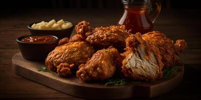 The side angle view of fried chicken with . photo