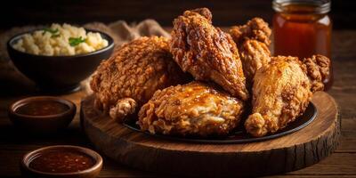 The side angle view of fried chicken with . photo