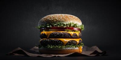 The delicious burger in the black background with . photo