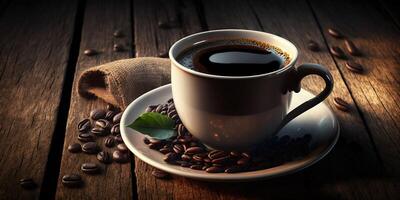 The side angle view of a cup of coffee on the table with . photo