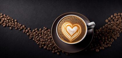 The cup of latte coffee with heart shaped latte art and . photo