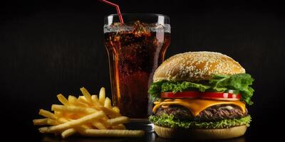 The fast food meal in the black background with . photo
