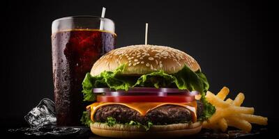 The fast food meal in the black background with AI generated. photo