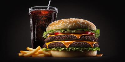 The fast food meal in the black background with . photo