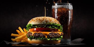 The fast food meal in the black background with . photo