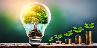 The tree in the lightbulb, coins with plants and . photo