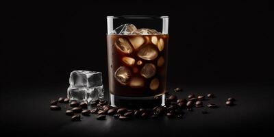 The glass of Ice Americano coffee in the black background with . photo