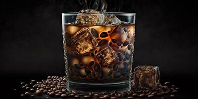 el vaso de hielo americano café en el negro antecedentes con ai generado. foto