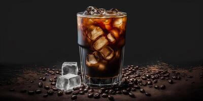 The glass of Ice Americano coffee in the black background with . photo