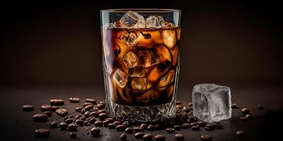 The glass of Ice Americano coffee in the black background with . photo