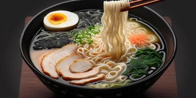 The black bowl of ramen on the table with . photo